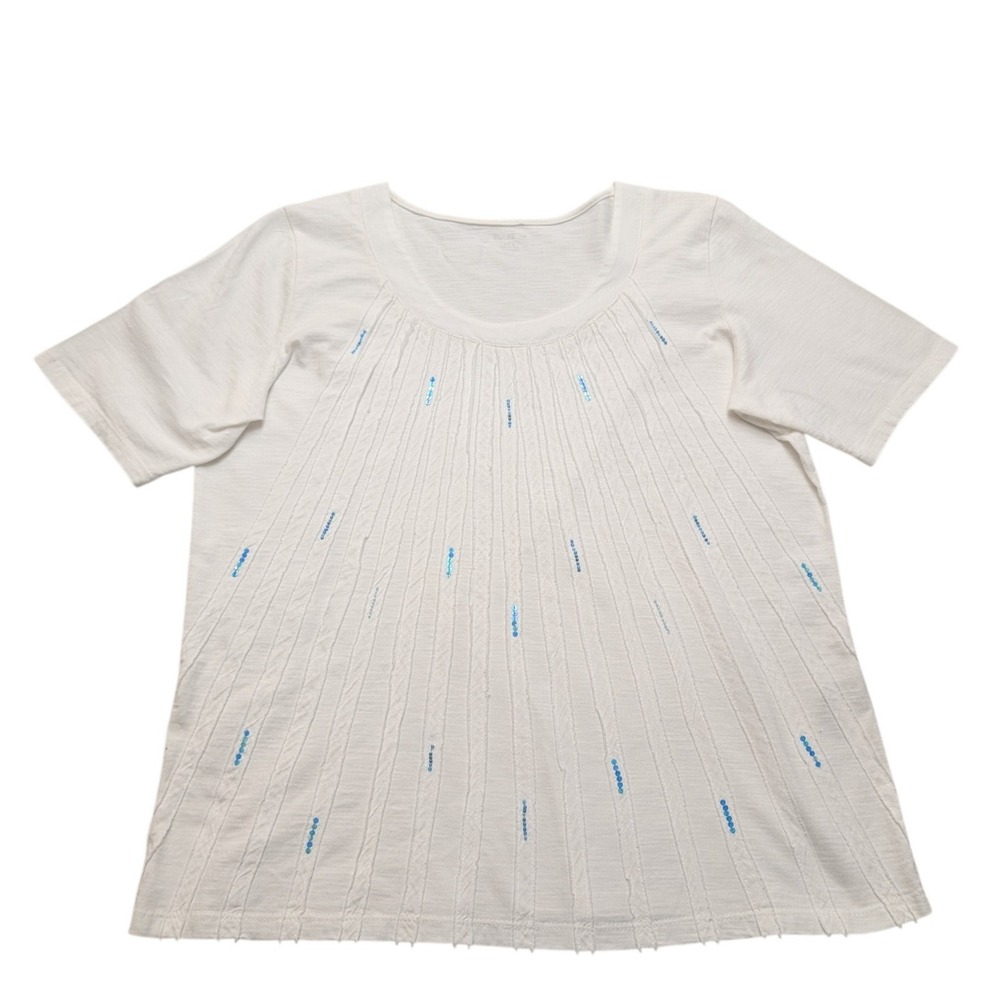 TanJay Pintuck Sequin Sunburst Tee Womens Medium White Blue Cotton Scoop Neck